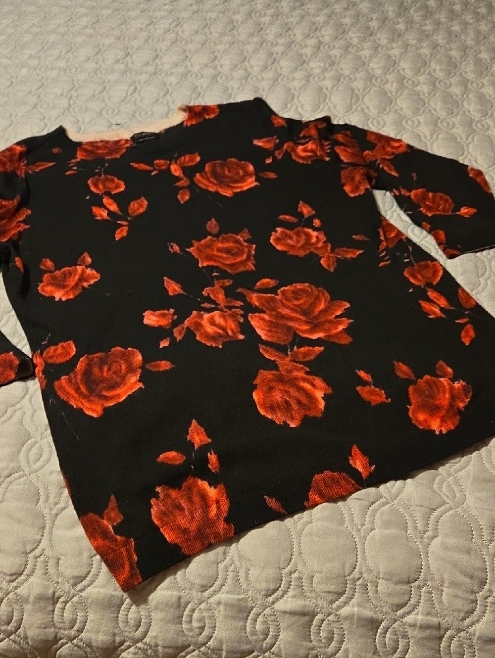 Talbots Merino Wool Black Sweater with Red Rose Print
